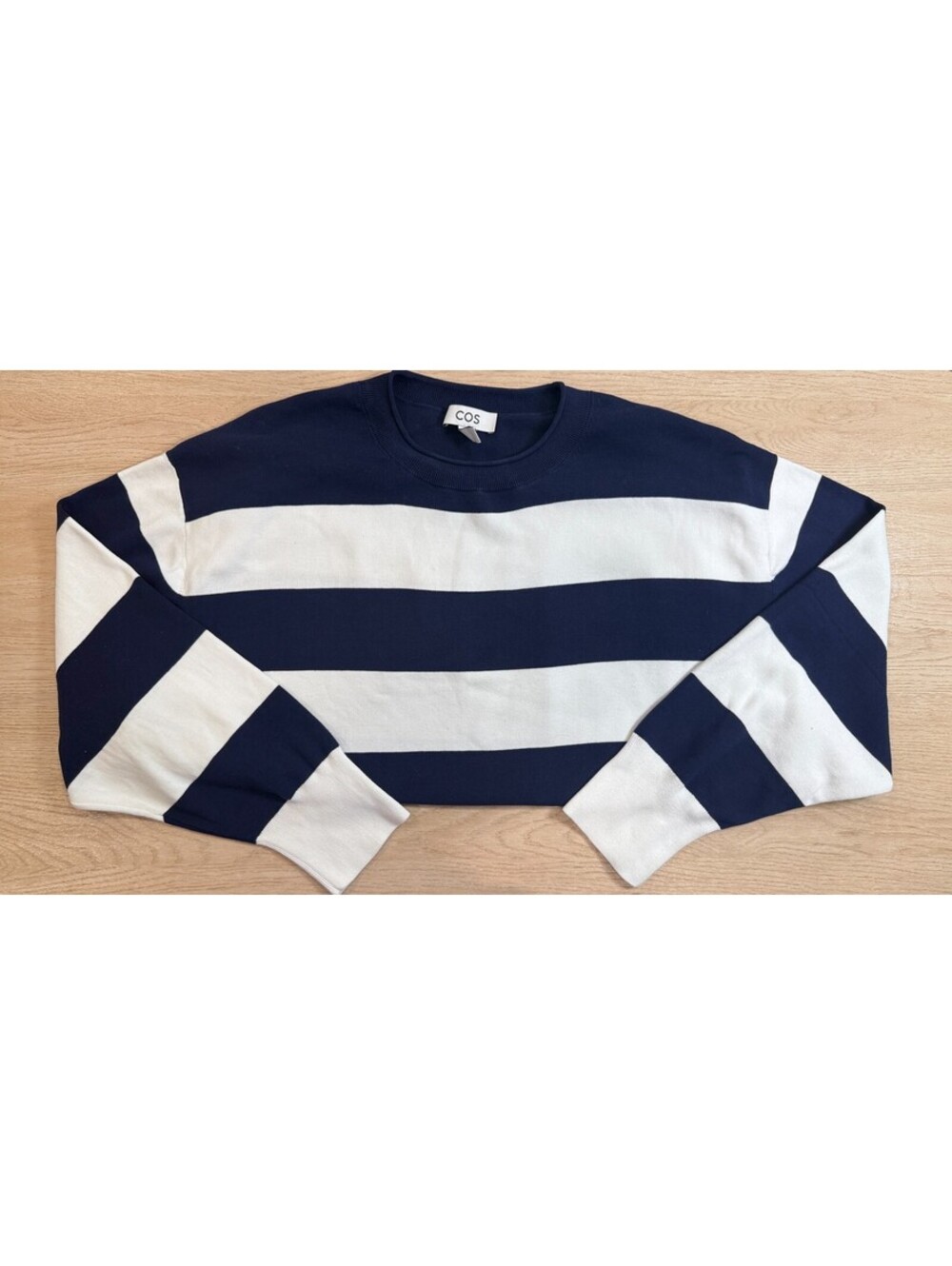 COS Women's M Navy Cream Wide Stripe Crewneck Sweater Knit Pullover Rugby